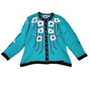 VTG 90s Storybook Knits Teal Floral Beaded Handknit Cardigan Sweater Large